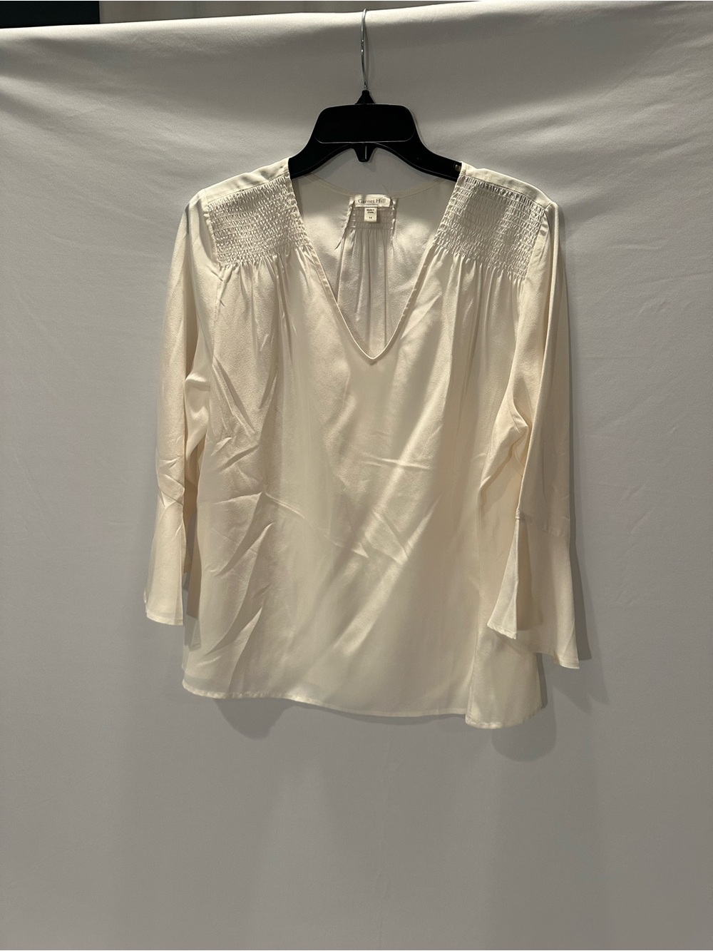 Garnet Hill Cream V-Neck Smocked Shoulder Blouse